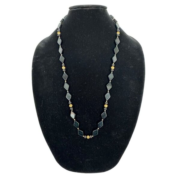 Trifari Jewelry - Trifari Necklace Black Lucite Plastic Gold Tone Chunky Geometric Bead Signed 30"